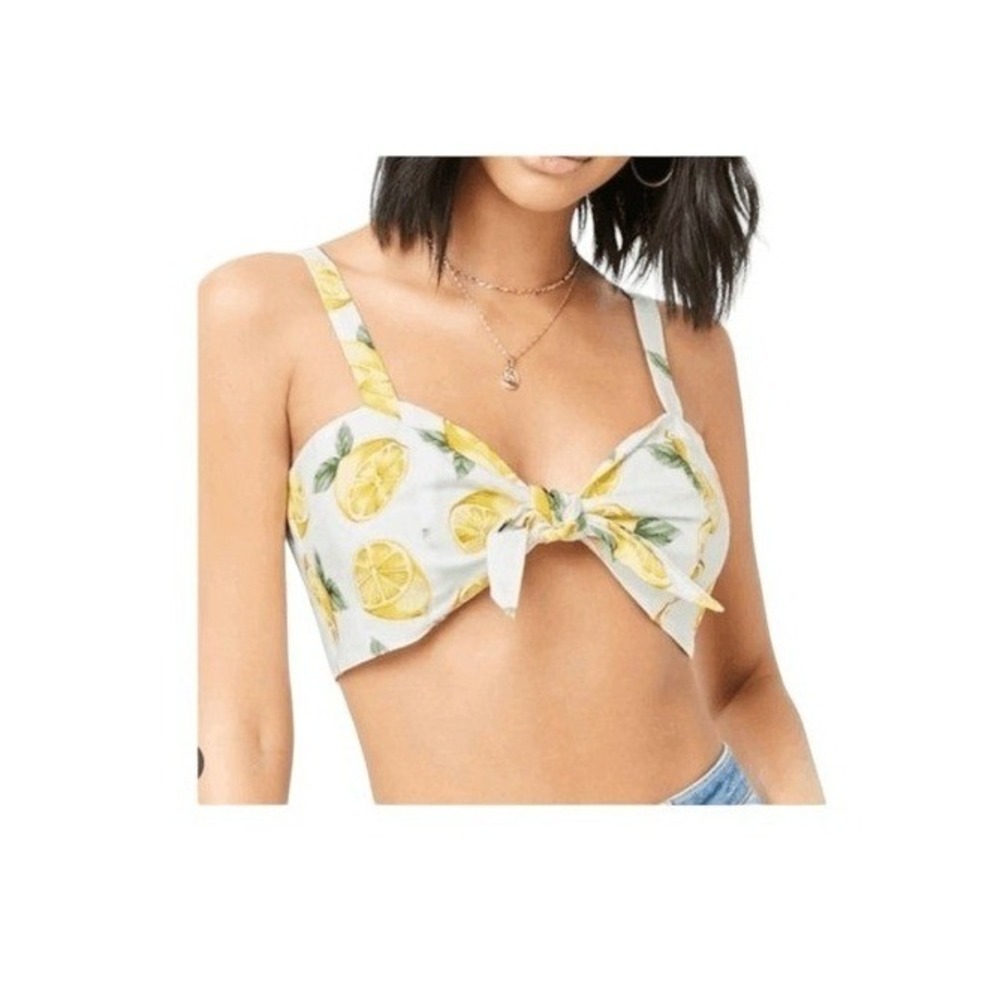 Forever 21 Lemon Print Bralette Crop Top White Yellow Woven Knit Sleeveless S